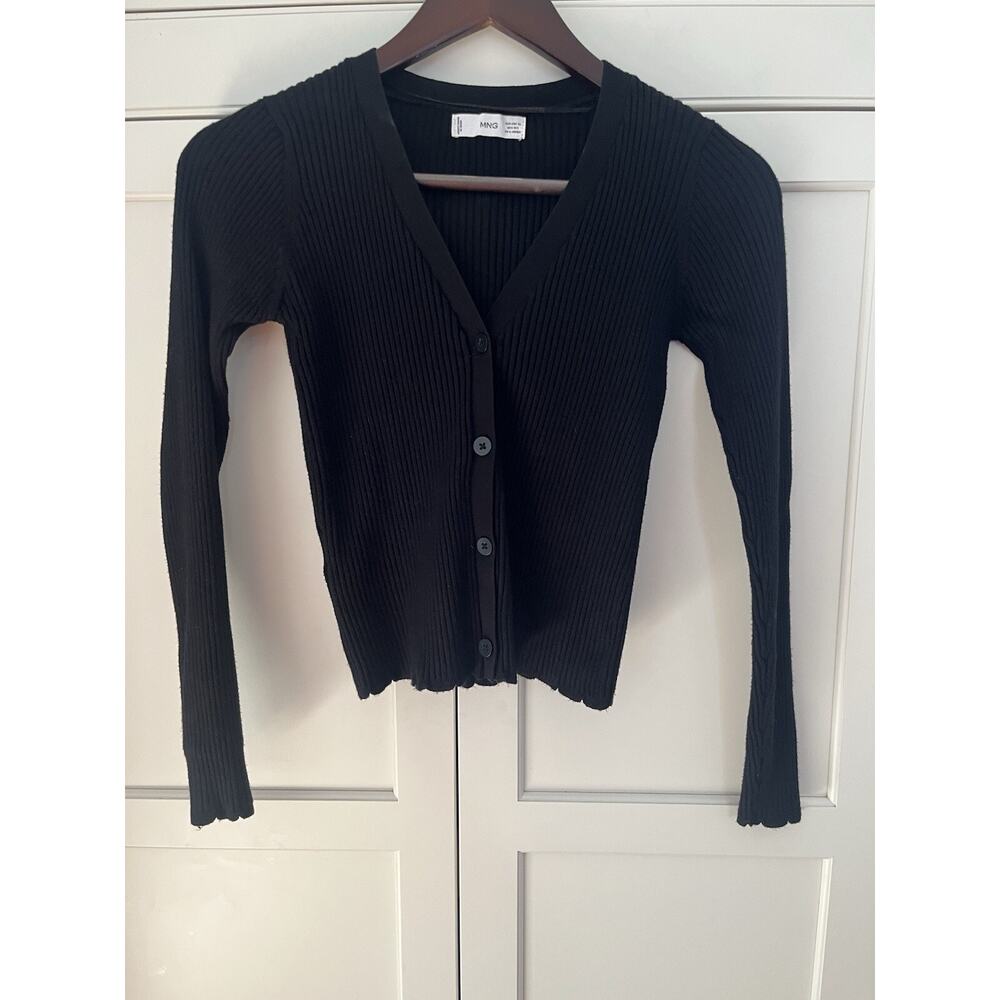 MNG Mango Knit Ribbed Cardigan Sweater V Neck Black Size XS Viscose
